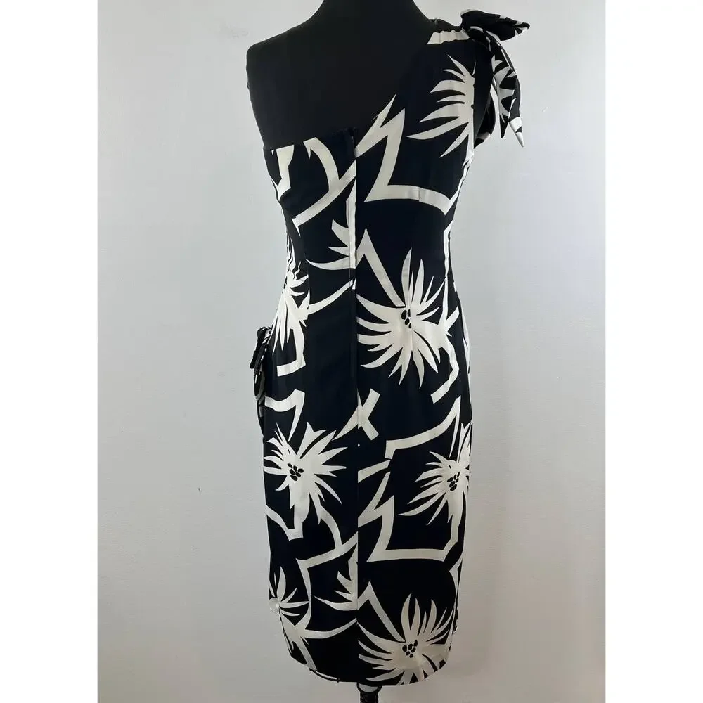 VINTAGE Black White Floral One Shoulder Knee Length Bodycon Bow Dress 2 4 VTG - Picture 5 of 7